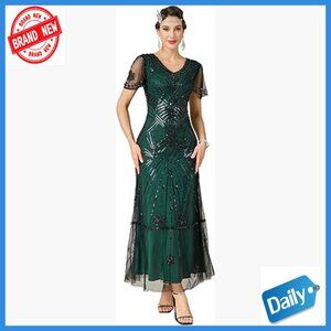 V-Neck Sequin Beaded Maxi Flapper Dress Formal Evening Gown Wedding